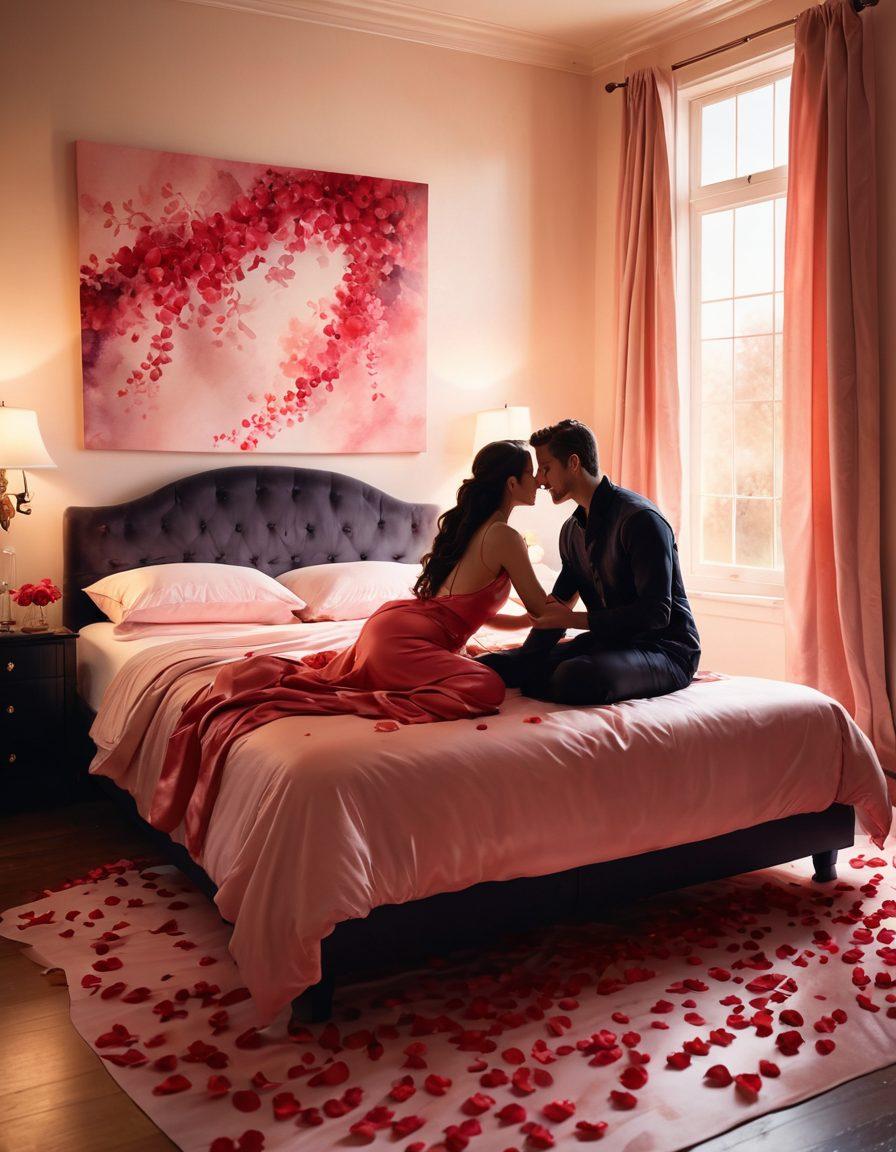 A dreamy, elegant bedroom setting featuring soft, ambient lighting, luxurious satin sheets, and a hint of candles flickering in the background. Silhouettes of two figures can be seen subtly interacting, conveying intimacy and connection. Include rose petals scattered on the bed, complemented by playful shadows and a soft-focus effect to create a sensual atmosphere. watercolor painting. warm colors. intimate vibe.