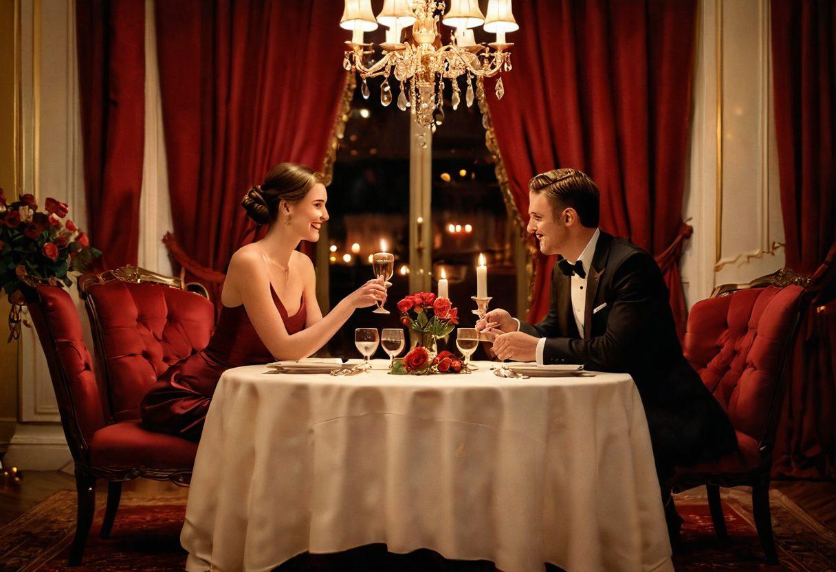 An intimate setting depicting a candlelit dining scene with two elegantly dressed individuals sharing a laugh over dinner, surrounded by soft, warm lighting. A backdrop of plush red curtains and romantic decor enhances the atmosphere of passion and pleasure, with subtle hints of playful elements like champagne glasses and rose petals. The image should evoke feelings of connection and intimacy. super-realistic. warm tones. romantic ambiance.